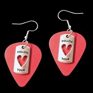 HAND Crafted Earrings Repurposed Guitar Picks Follow your Heart New